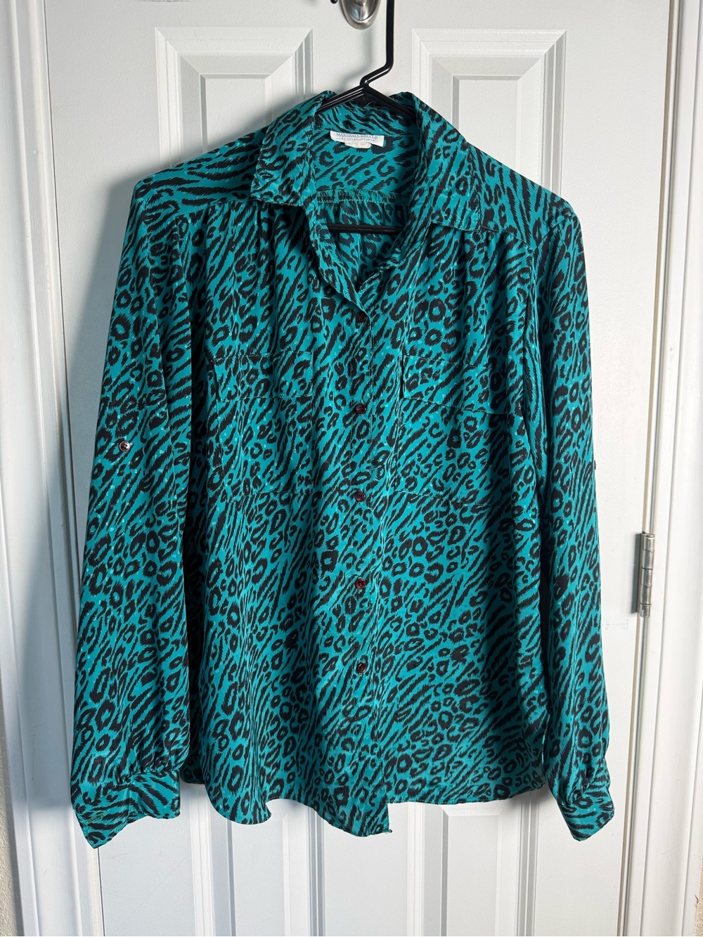 Marshall Rousso Teal and Black Leopard Print Button-Up Blouse